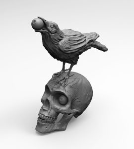 Skull raven sculpture